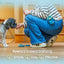 Person training a dog with a reward-based method in a home setting, featuring the Puppy Love Coach logo.