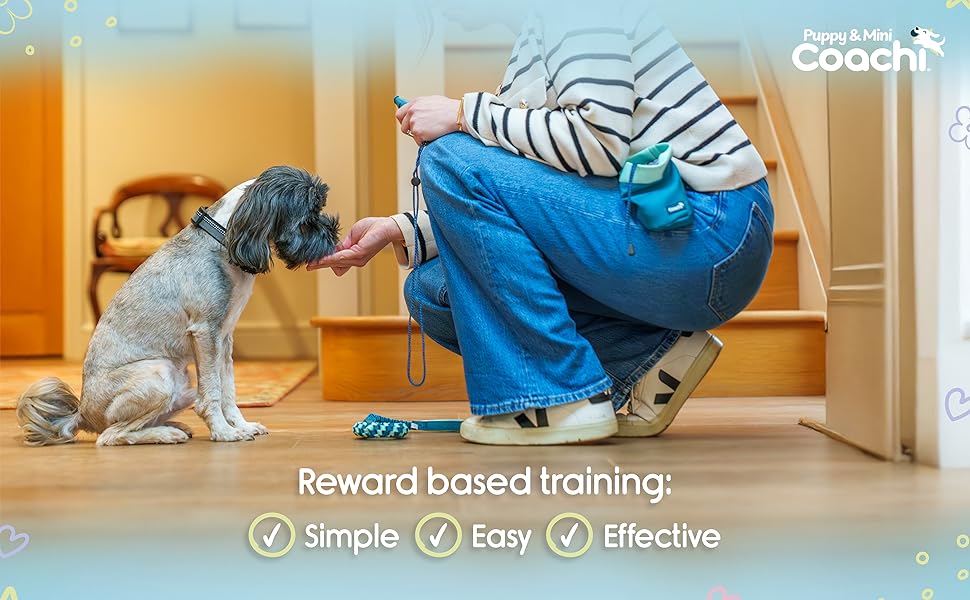 Person training a dog with a reward-based method in a home setting, featuring the Puppy Love Coach logo.