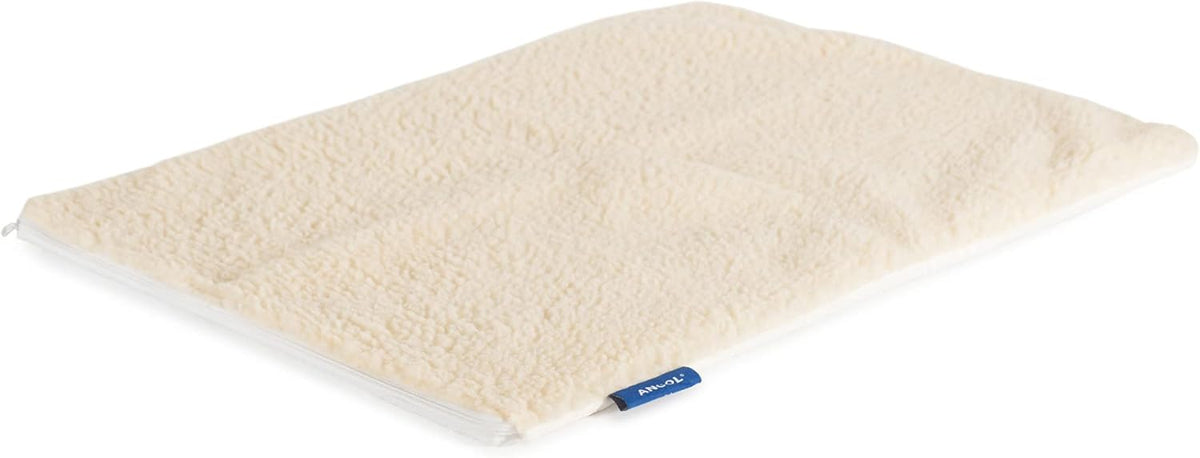 Beige dog mat with a brand tag on a white background