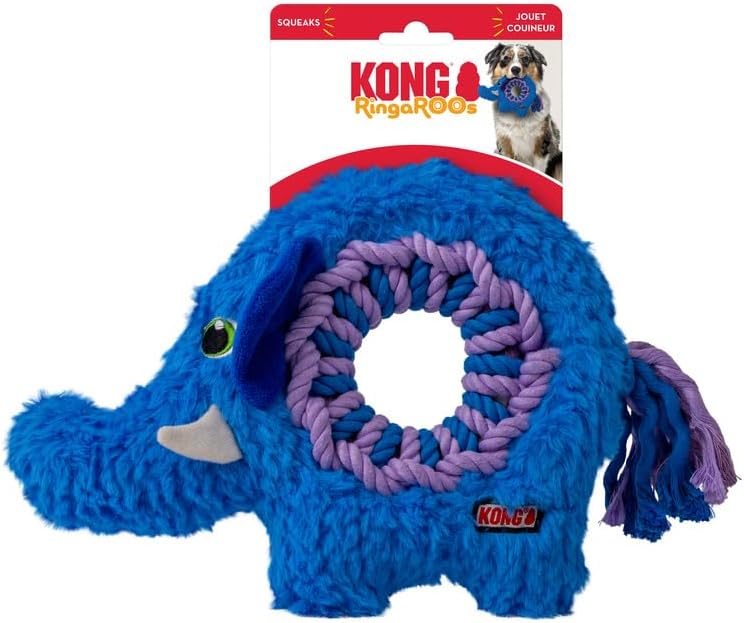 Blue elephant-shaped dog toy with purple ring on a white background, featuring KONG branding.