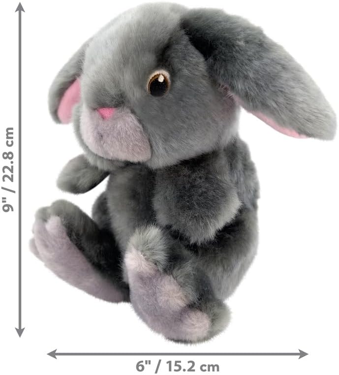 Gray plush bunny with measurements on a white background