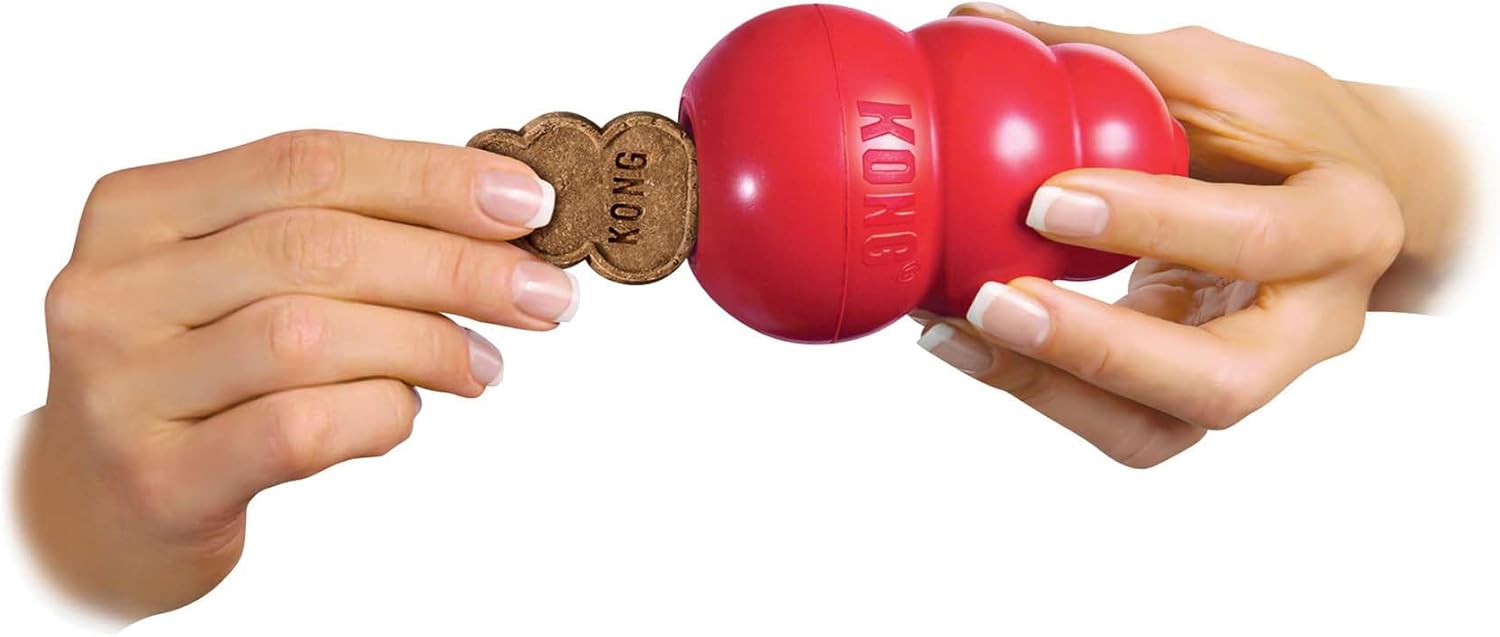 Red KONG dog toy with a bone-shaped treat held by two hands on a white background