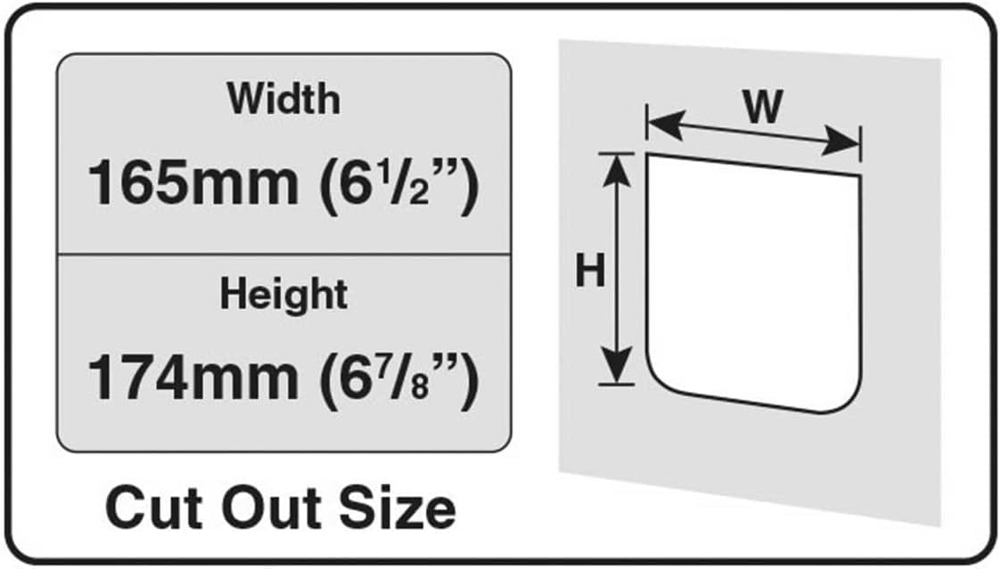 Measurement chart showing width and height dimensions with cut out size label.