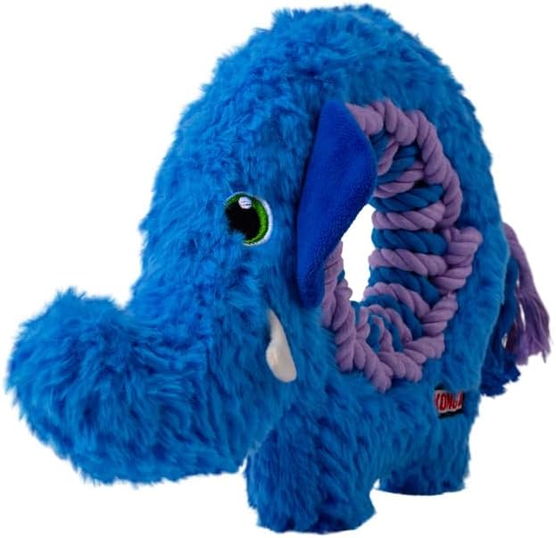 Blue plush elephant dog toy with a rope, on a white background