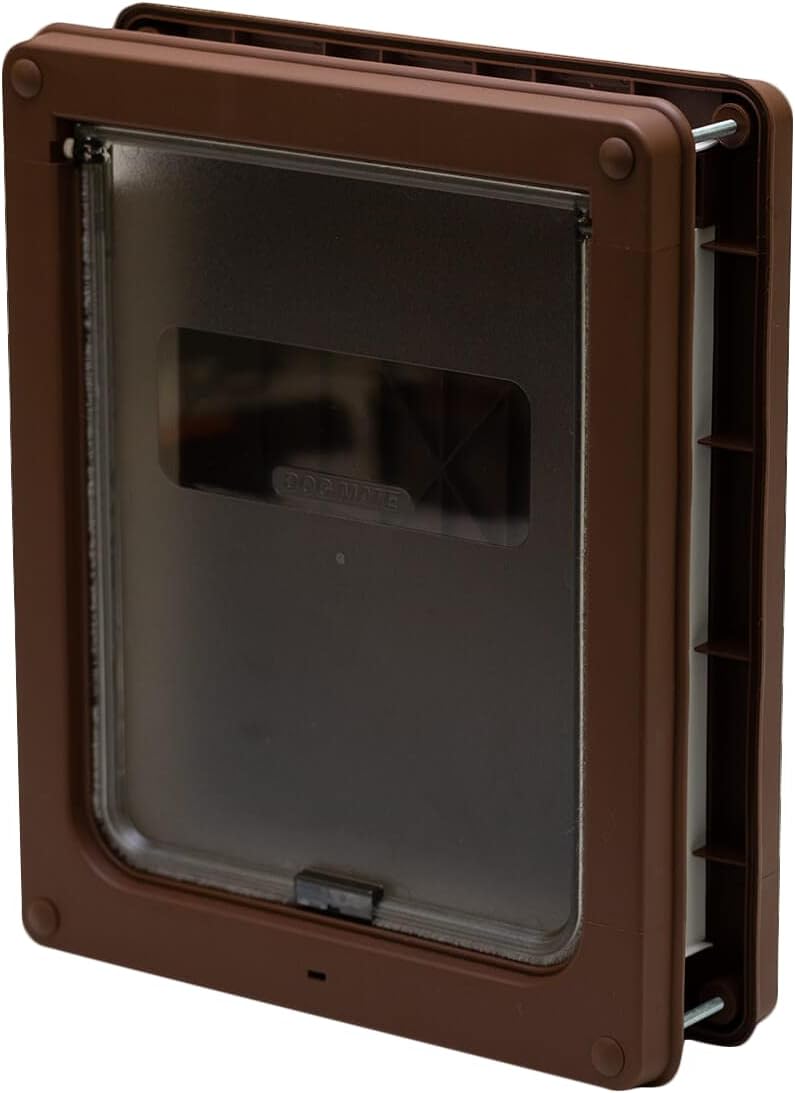 Brown pet door with clear flap on a white background