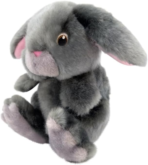 Plush dog toy rabbit with gray fur and pink inner ears on a white background