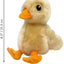 Plush duck toy with measurements on a white background