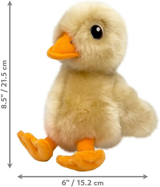Plush duck toy with measurements on a white background