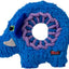 Blue elephant-shaped dog toy with a purple rope ring on a white background