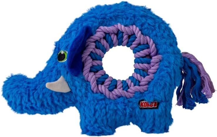 Blue elephant-shaped dog toy with a purple rope ring on a white background