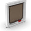 Cat flap with a white frame and transparent flap on a white background