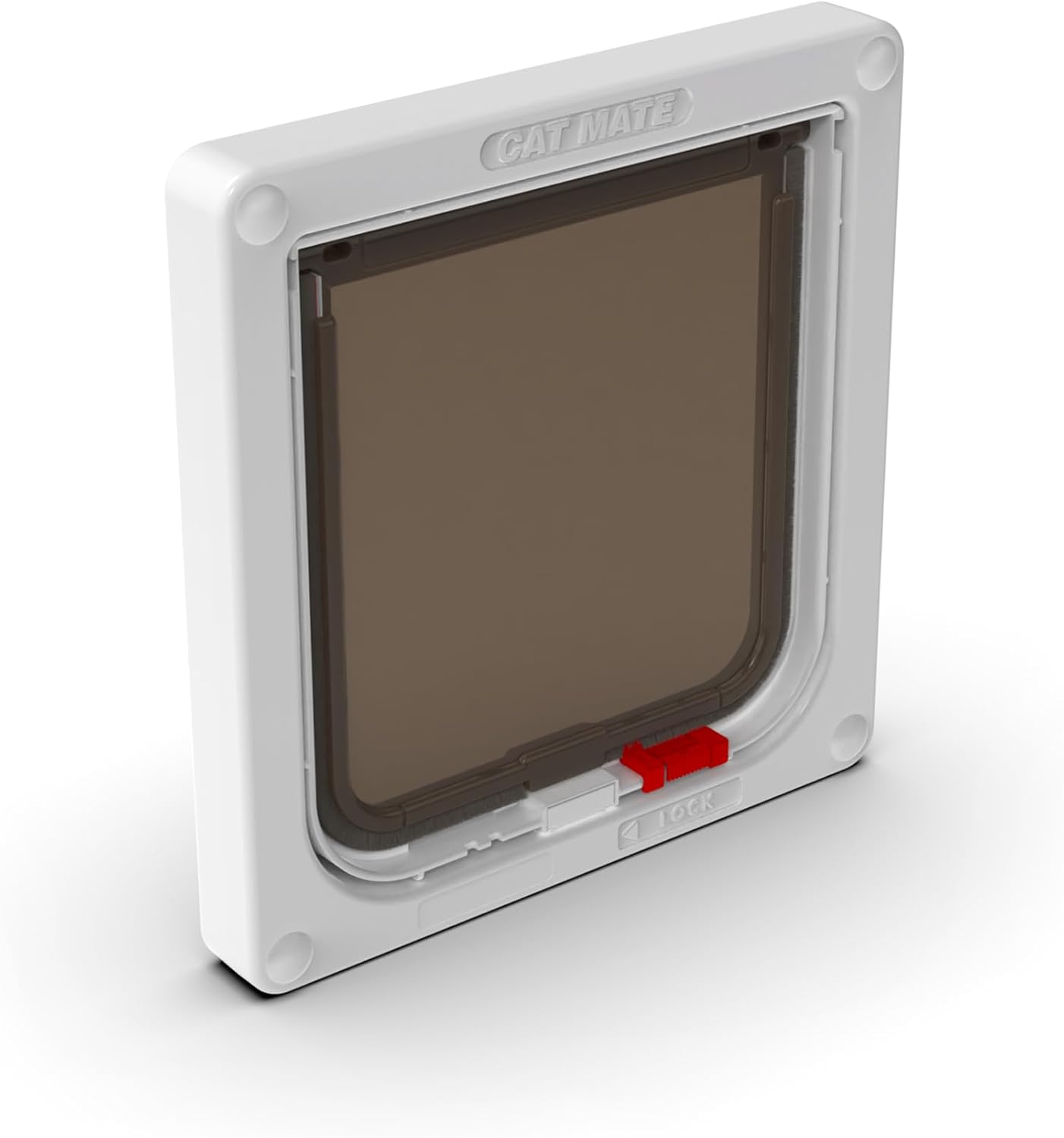 Cat flap with a white frame and transparent flap on a white background