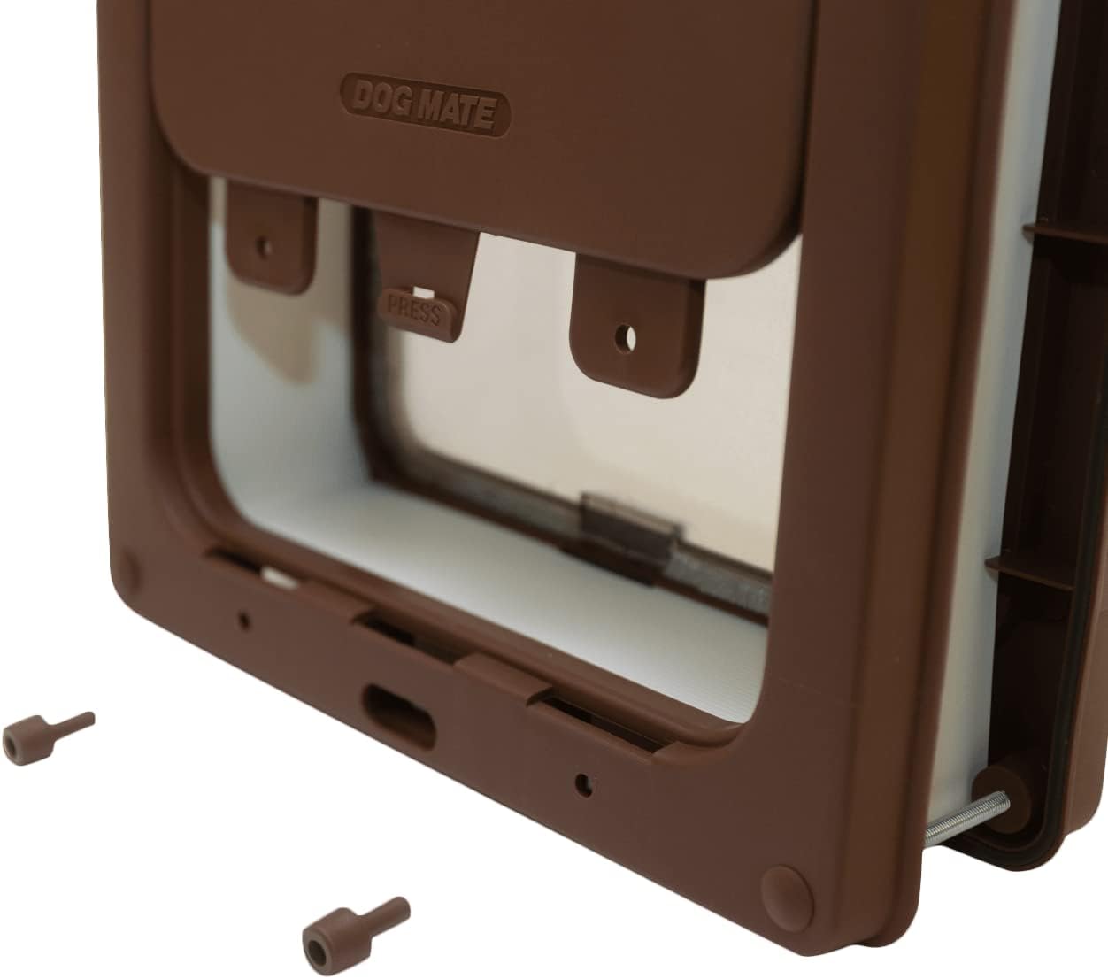 Brown pet door with clear flap and screws on a white background