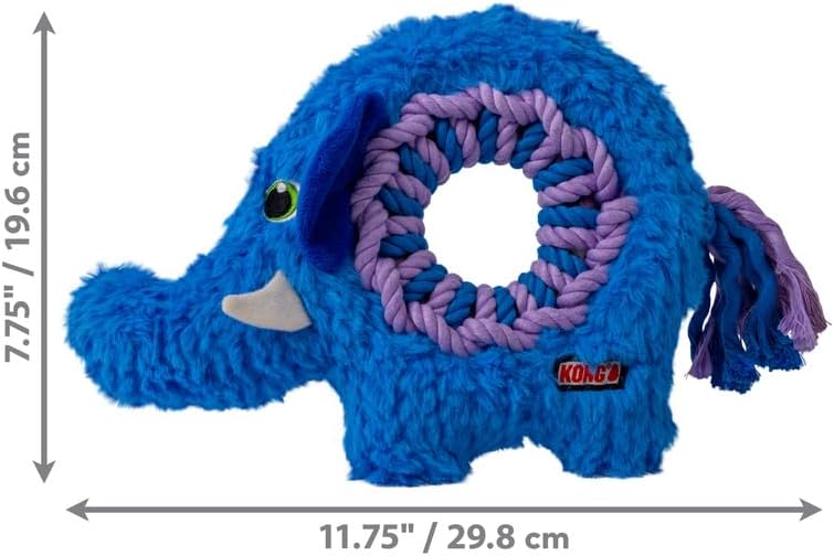 Blue elephant-shaped dog toy with a purple rope ring, featuring Kong branding, on a white background with measurements.