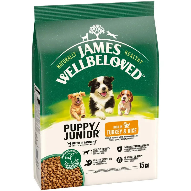 James Wellbeloved Puppy Junior dog food package on a white background