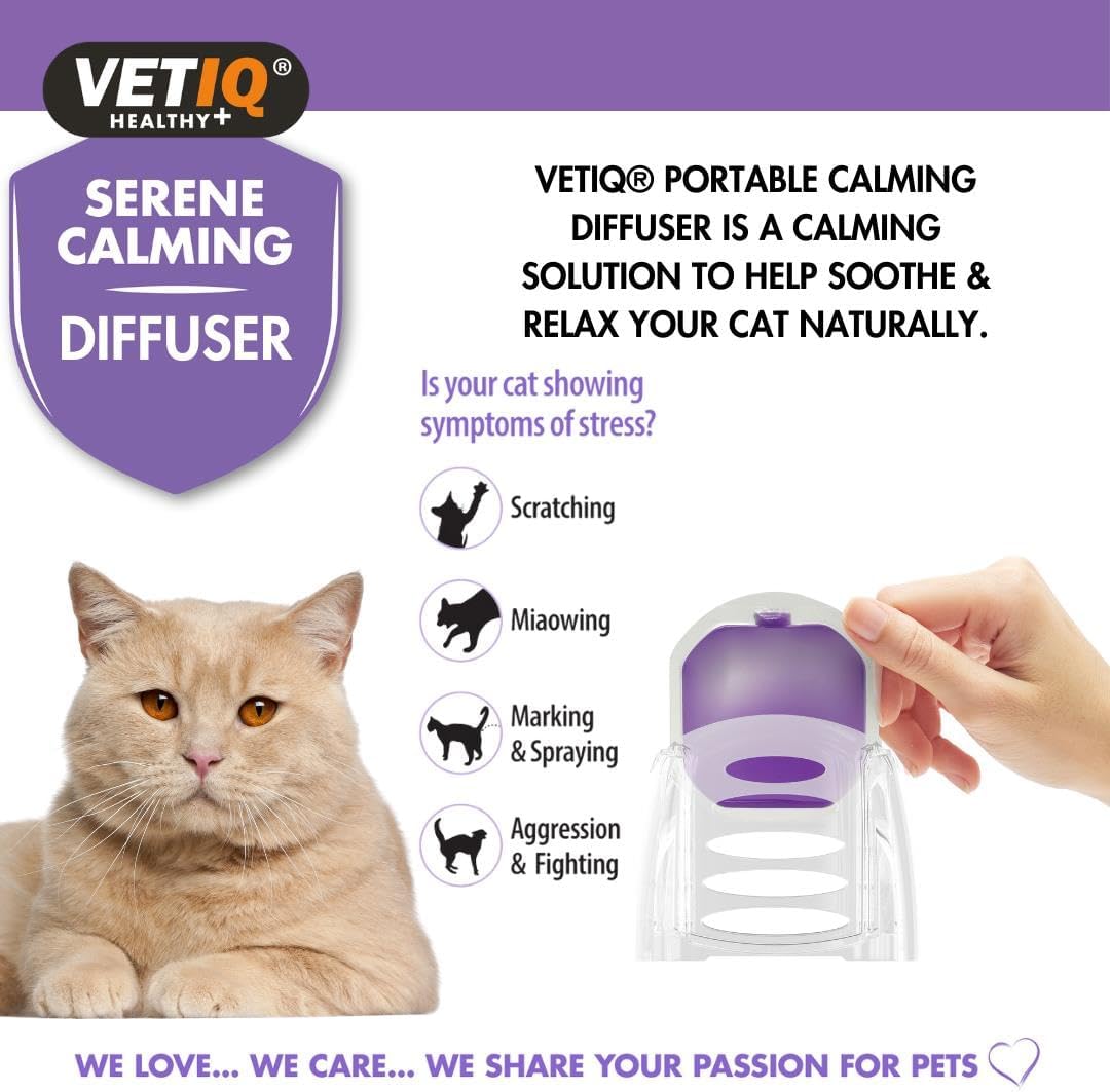 VetiQ Serene Calming Diffuser for cats with a cat and hand holding the diffuser.