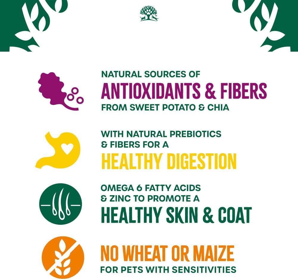 Health benefits of a pet food product with icons and text on a white background