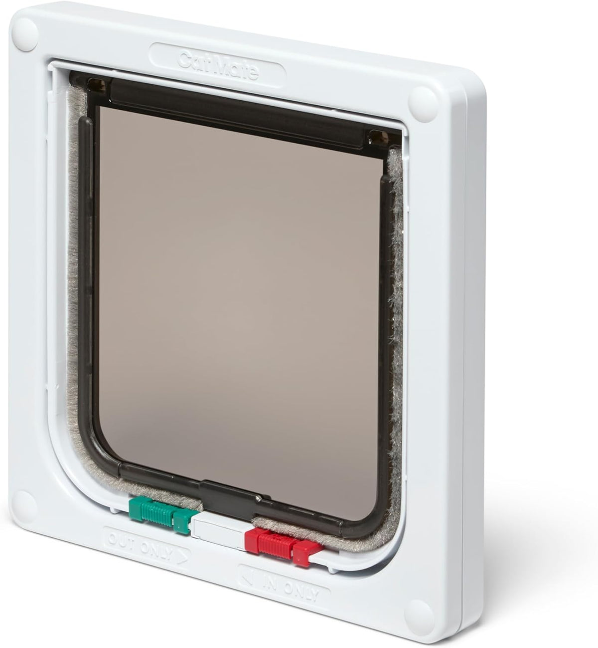 Pet door with a white frame and transparent flap on a white background
