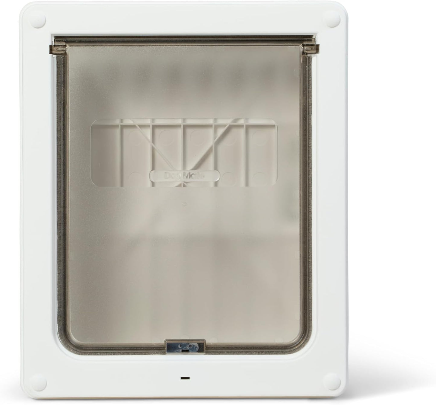 Pet door with a transparent flap on a white background