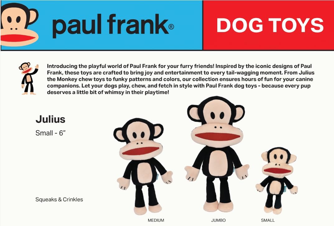 Paul Frank dog toys with product description and illustrations on a colorful background