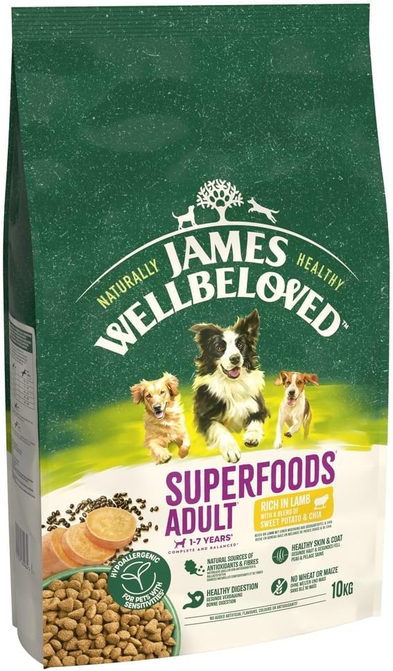 James Wellbeloved dog food package with green background