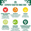 Product label with ingredients and benefits on a green background