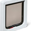 Pet door with a white frame and clear flap on a white background