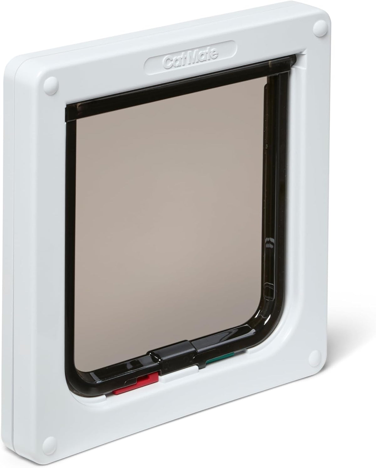Pet door with a white frame and clear flap on a white background