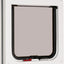Pet door with a white frame and transparent flap on a white background