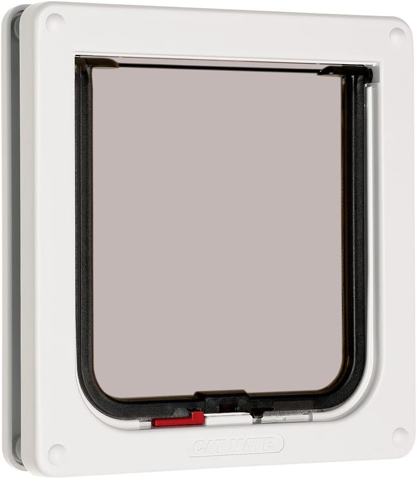 Pet door with a white frame and transparent flap on a white background