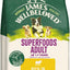 Bag of James Wellbeloved Superfoods Adult dog food with images of dogs on a green and white background.