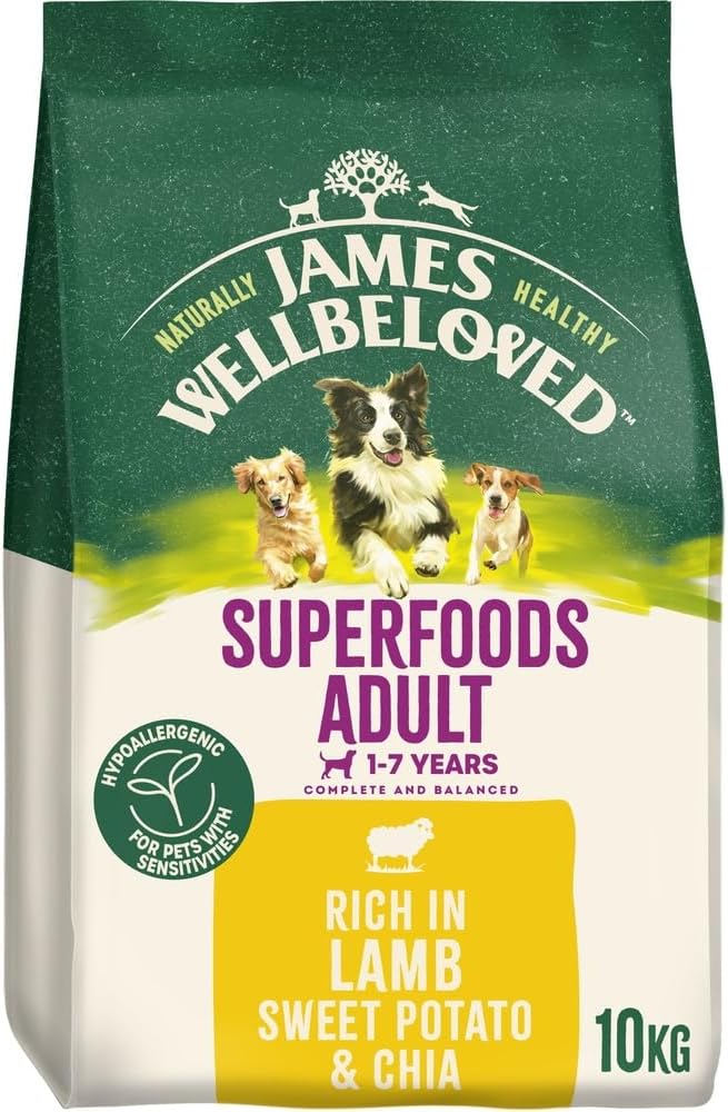 Bag of James Wellbeloved Superfoods Adult dog food with images of dogs on a green and white background.