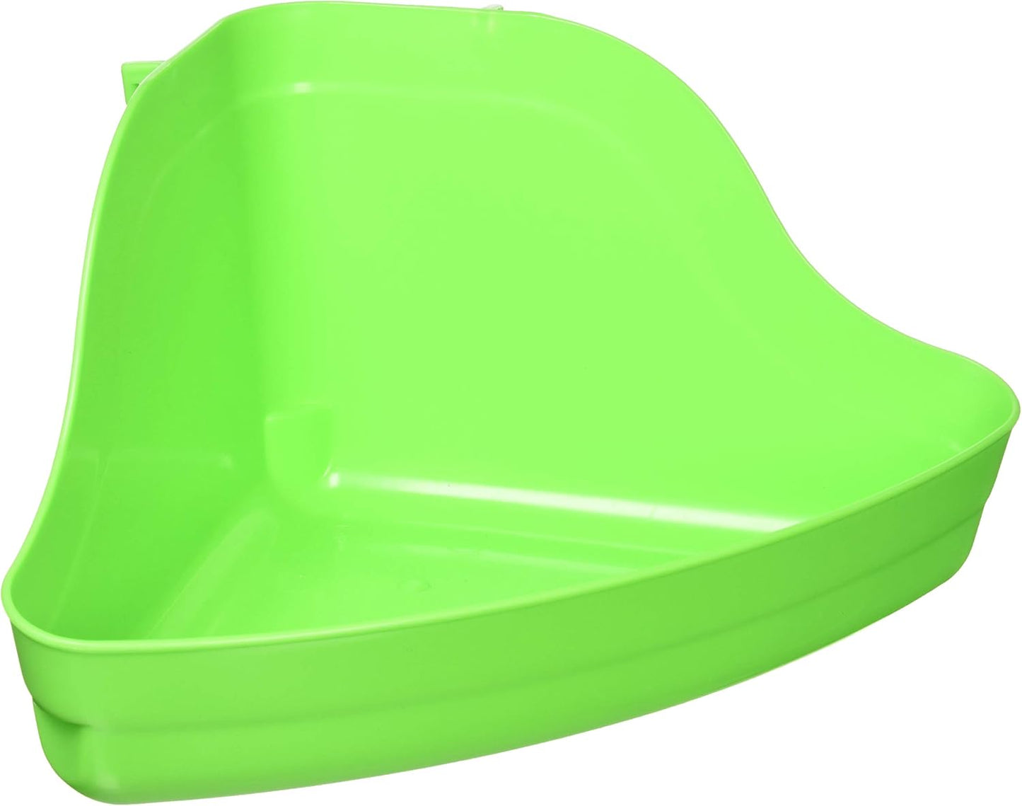 Green plastic corner litter tray for small animals on a white background