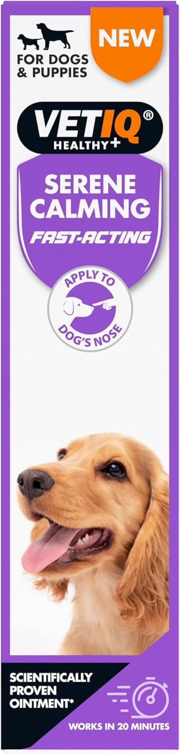 VetIQ Serene Calming product for dogs with a purple label and a happy dog on a white background.