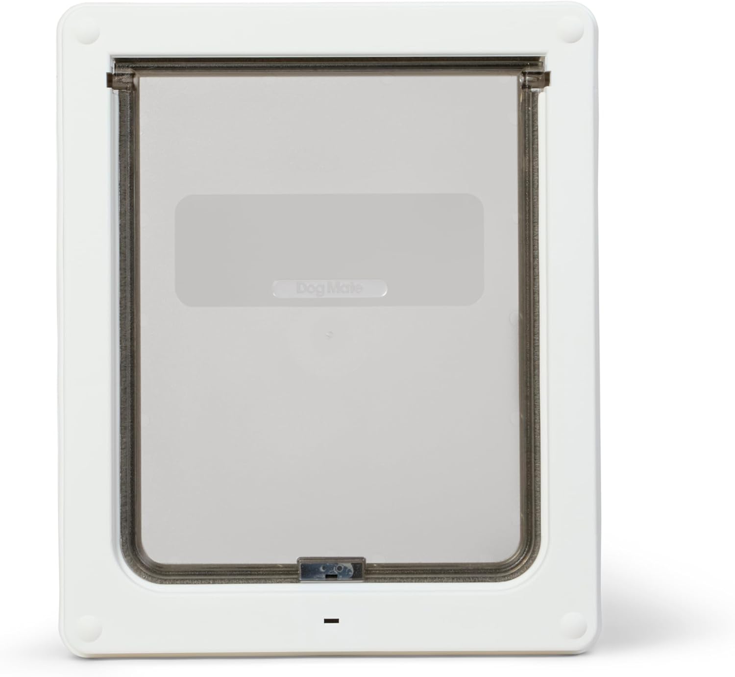 Pet door with a white frame and glass panel on a white background