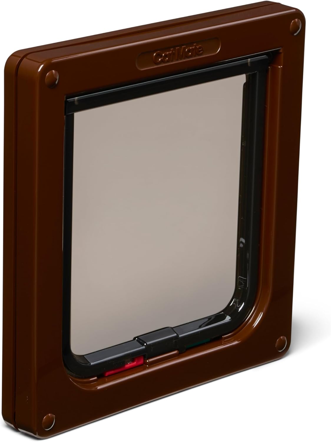 Brown pet door with a clear flap on a white background