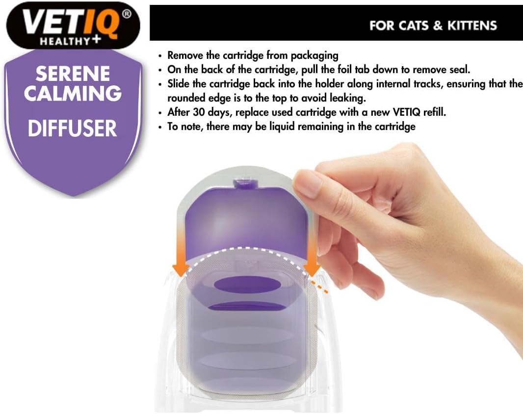 VetIQ serene calming diffuser for cats and kittens with instructions on how to use it.