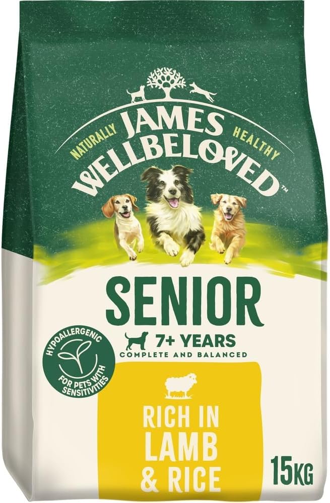 James Wellbeloved senior dog food package with green, white, and yellow design.