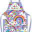 Colorful  children's apron with rainbow designs and text on a white background