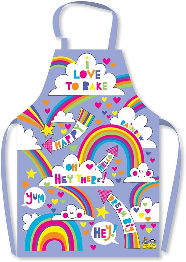 Colorful  children's apron with rainbow designs and text on a white background