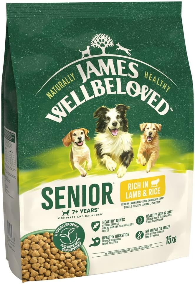 James Wellbeloved senior dog food packaging with images of dogs on a green and white background.