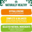 Naturally Healthy pet food label highlighting hypoallergenic, complete & balanced, and natural ingredients.