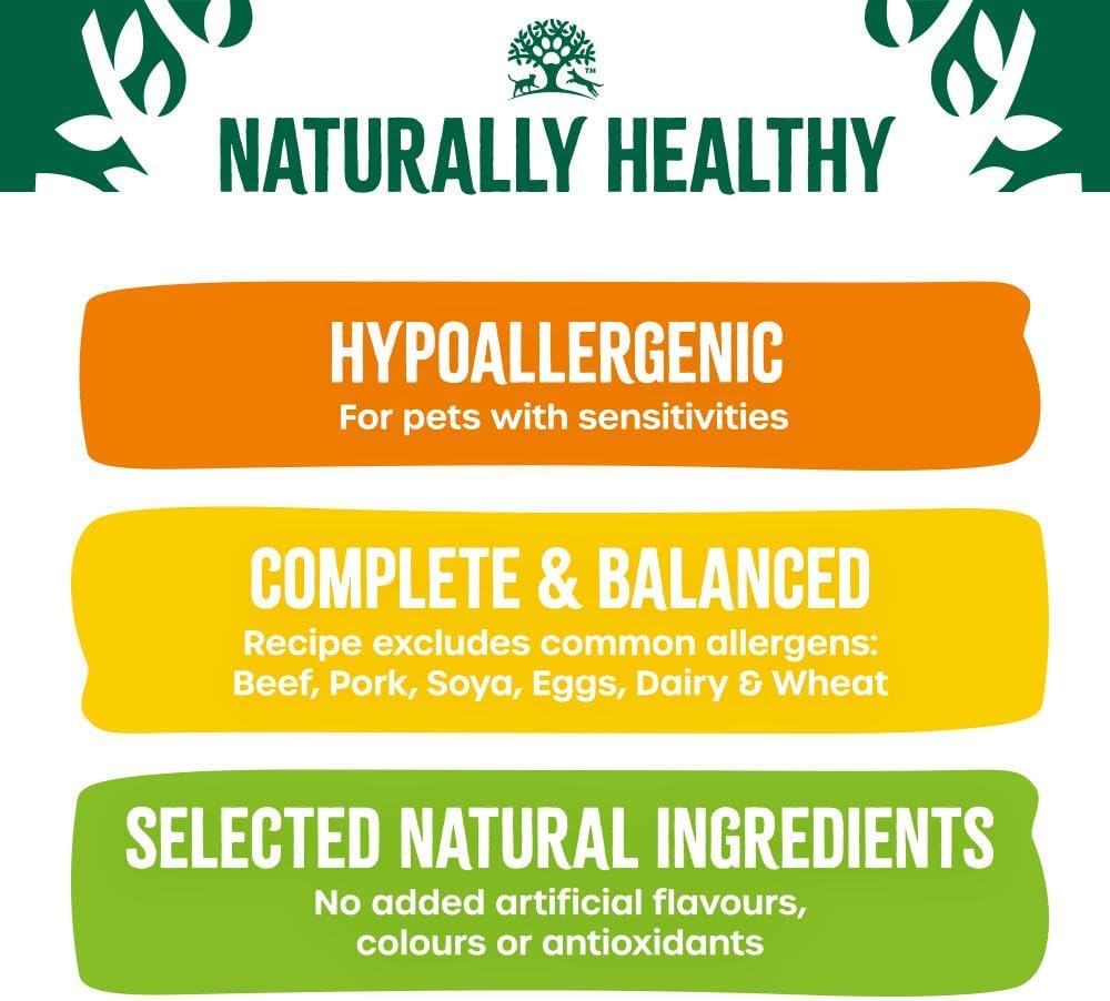 Naturally Healthy pet food label highlighting hypoallergenic, complete & balanced, and natural ingredients.