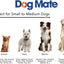 Dog Mate product size guide for small to medium dogs with images of different breeds.