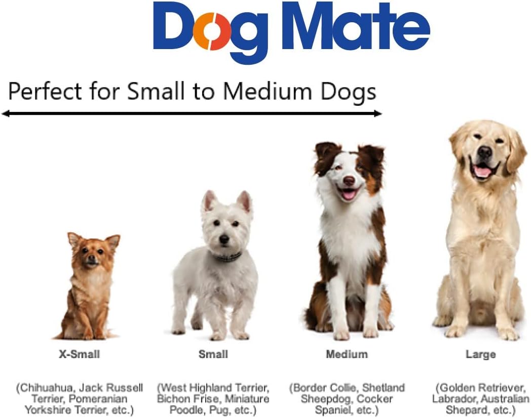 Dog Mate product size guide for small to medium dogs with images of different breeds.