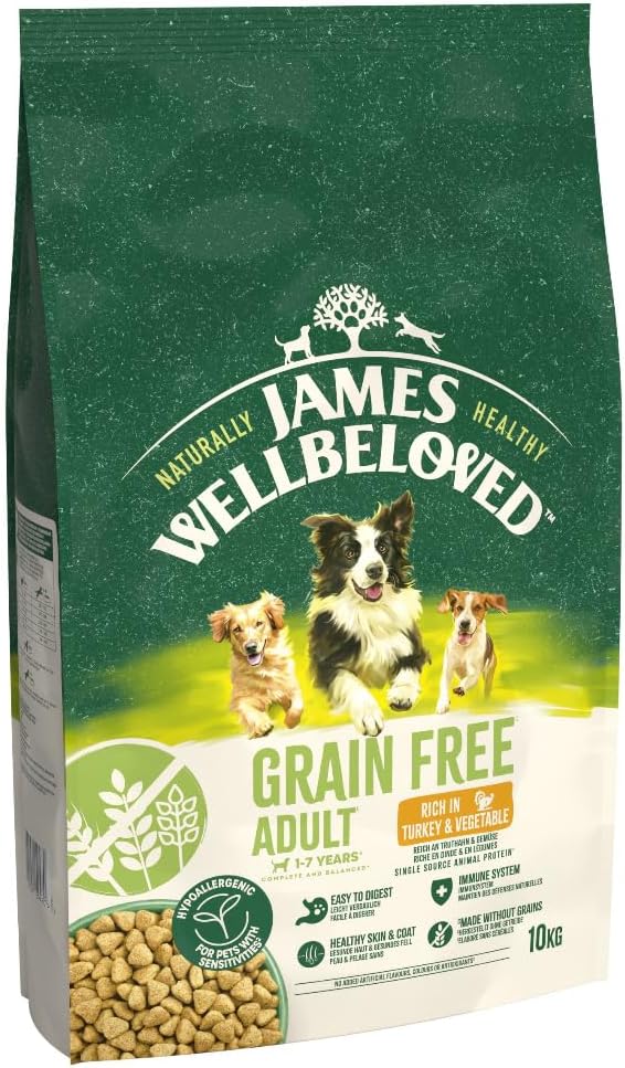 Bag of James Wellbeloved grain-free dog food with images of dogs on a green background