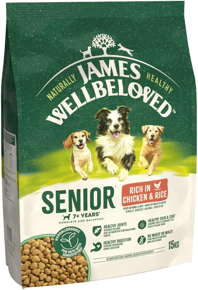 James Wellbeloved senior dog food packaging with images of dogs on a green and white background.
