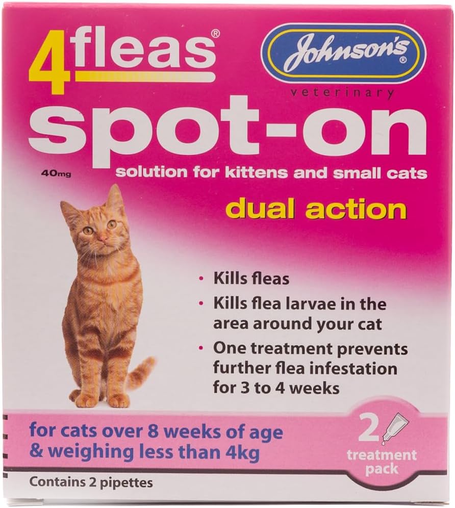 Front of a Johnson's Veterinary 4fleas spot-on dual action treatment package for kittens and small cats, with a pink and white box, orange tabby cat photo, and yellow text.