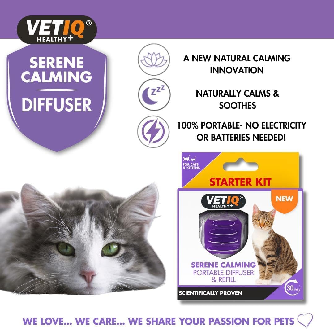VetIQ Serene Calming Diffuser packaging with a cat and starter kit on a purple background