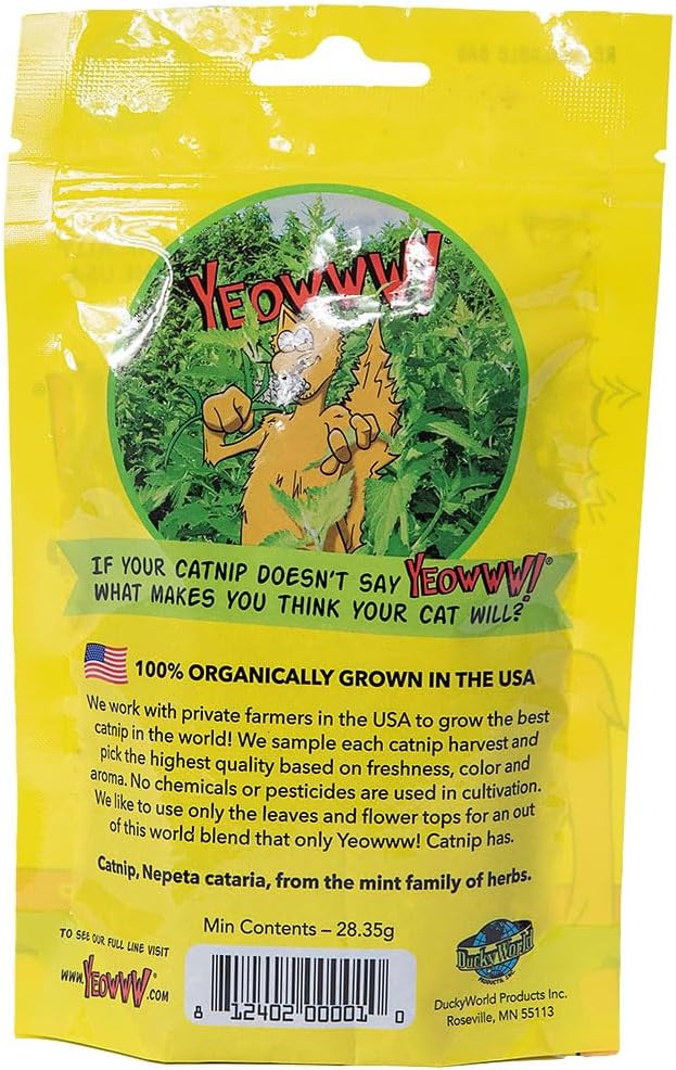 Yellow package of Yeeoww catnip with green text and branding.